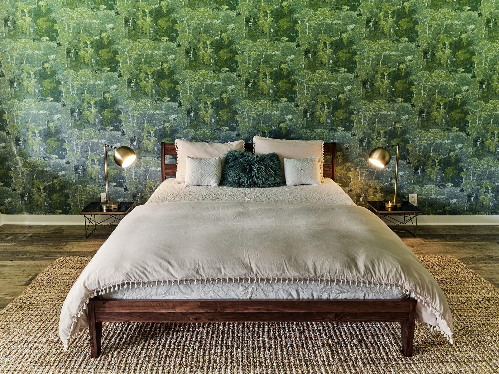 bedroom interior design with patterned green wallpaper by sjdny in Connecticut