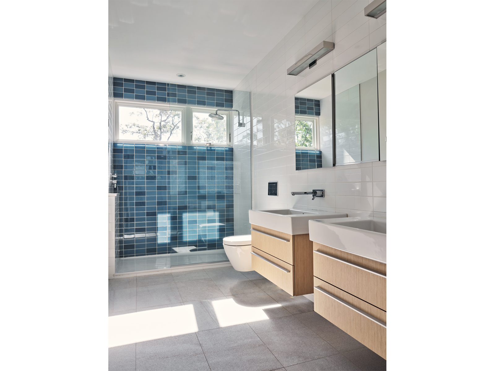 view of interior bathroom with two sinks and shower enclosure Ocean View House, Charlestown Rhode Island, Sarah Jefferys Architecture + Design
